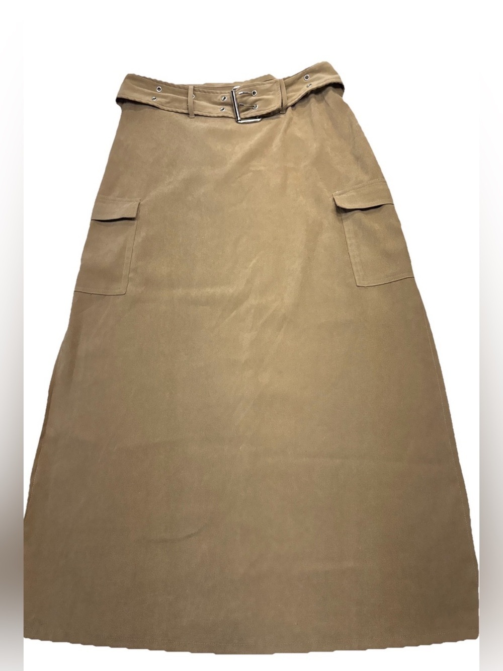 Tracy Evans Vintage Tan Maxi Cargo Skirt Double Side Slits Wide Belt Size 11 Y2k